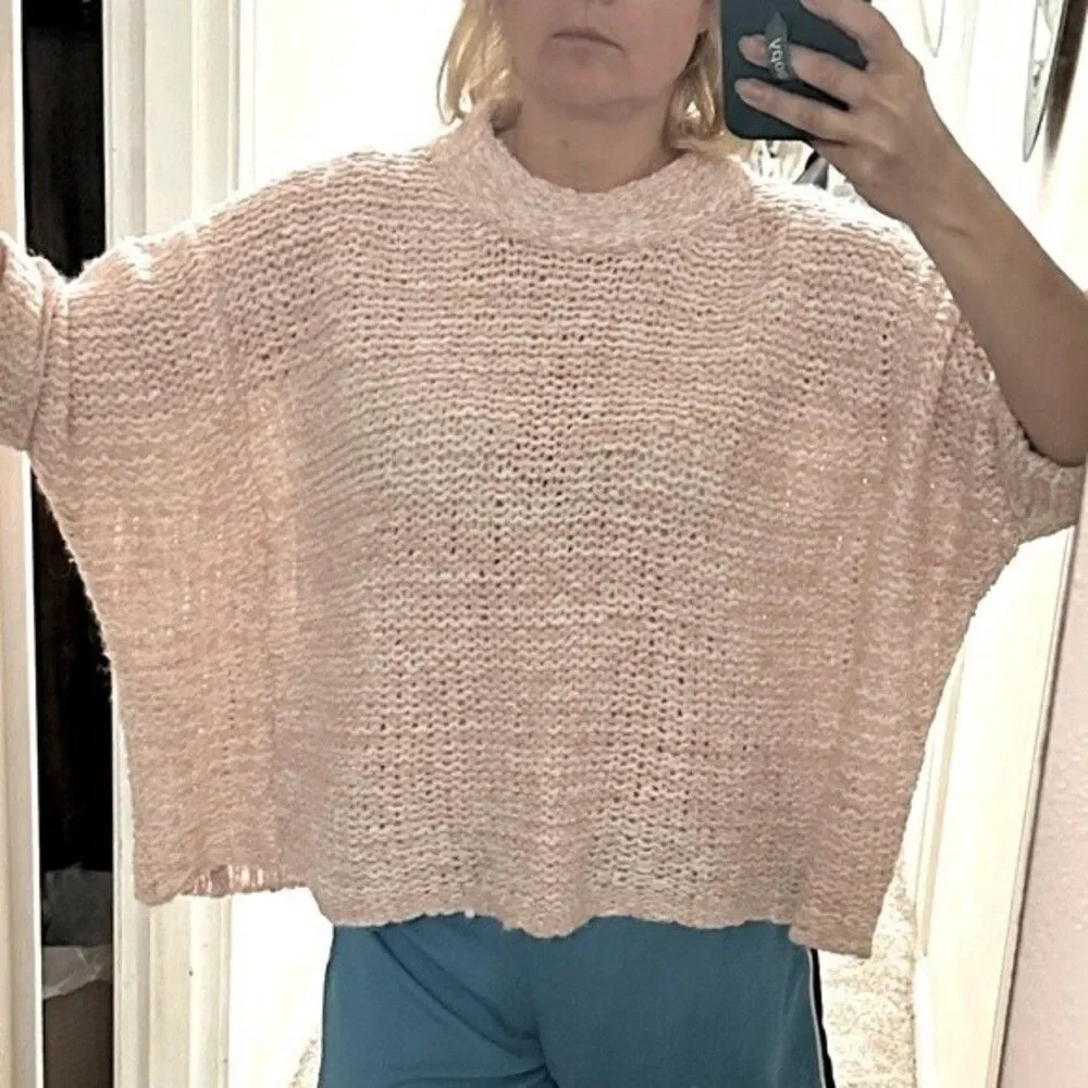 Land's End Funnel Neck loose knit pink and white wool blend sweater extra wide